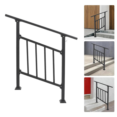 Heavy Duty Three Step Outdoor Steel Handrail Featuring Integrated Child Guard Panel And Weather Resistant Finish For Front Porch Stairs, black mounted view.
