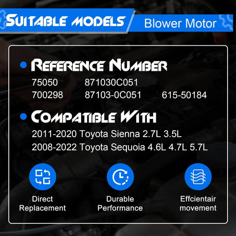 Brushless HVAC Heater Blower Motor For Front Side Install Fits Sequoia 2008-2022 And Sienna 2011-2020 specifications chart