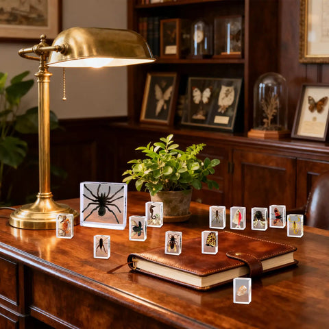 Real Animal Specimens In Resin Taxonomy Kit For Science Class And Homeschool Crystal Clear Taxidermy Blocks displayed on wooden desk