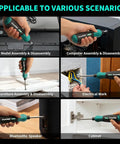 Heavy Duty Cordless Electric Screwdriver Kit With 51 Magnetic Bits And Integrated Led Light, Rechargeable Power Tool in various assembly scenarios.