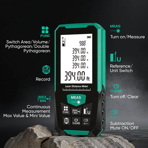 Heavy Duty Green Beam Laser Tape Measure 394 Ft Range With Built In Digital Level Dead On Accuracy For Hassle Free Distance Area And Volume Tracking Outdoor Home Jobs With Battery Included
