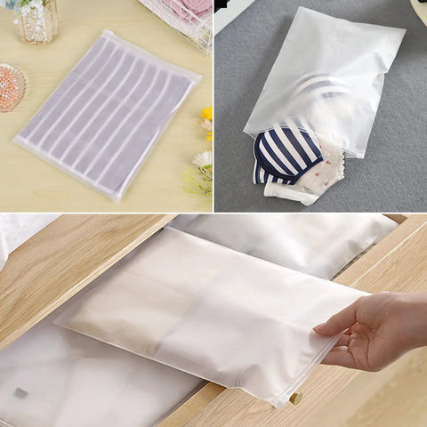 Bulk Pack 100 Count 10 By 13 Inch Frosted Zipper Plastic Bags For Clothing With Vent Holes Reclosable Clear Apparel Bags in use