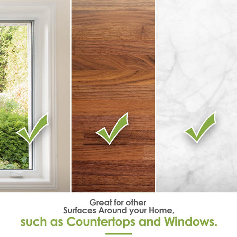 Window, wood, and marble surfaces with check marks showing Bamboo Floor Wipes 20 Count For Wood Laminate And Tile Floors Soft Durable No Harsh Plastics Eco Friendly Wipes That Work With Most Floor Cleaning Tools Perfect For Quick Cleanups And Everyday Shine compatibility.