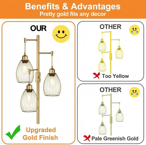 Dimmable Floor Lamp With Stepless Dimming From 0 To 100 Percent, Industrial Gold Tree Standing Lamp With 3 Teardrop Cage Heads And 800 Lumen LED Bulbs, The Go To Choice For Living Room, Bedroom, Office And Dining Room