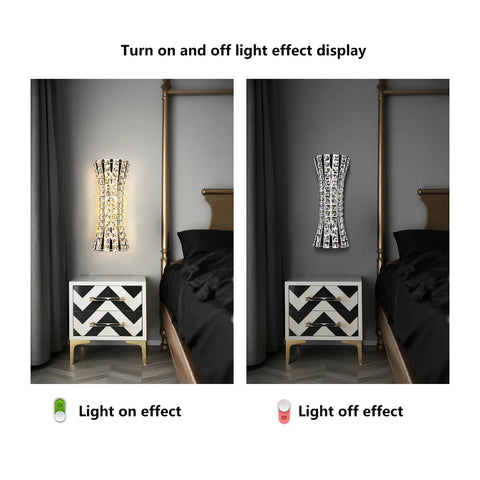 Crystal Wall Sconces Modern Chrome Luxury Indoor Lighting For Living Room Bedroom Bathroom Hallway Doorway Stairway Bedside And Vanity Totally Elegant H Curve Design Glam Crystal Accent showing light on and off effects in bedroom.