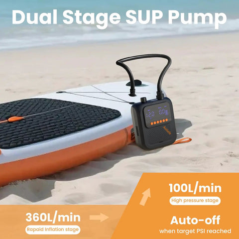 Portable Rechargeable Electric SUP Pump For Stand Up Paddleboards On The Go With Dual-Stage Inflation And Deflation Auto Off