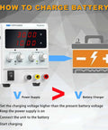 Adjustable DC Bench Power Supply 0 To 30V 0 To 10A With 4 Digit Display shown with battery charging instructions