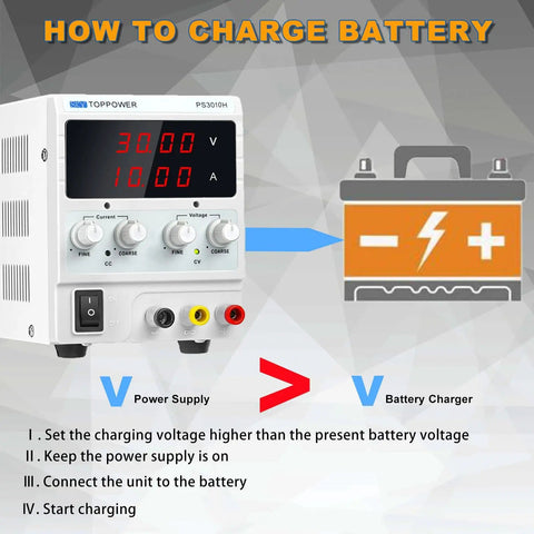 Adjustable DC Bench Power Supply 0 To 30V 0 To 10A With 4 Digit Display shown with battery charging instructions