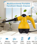Beast 1000W Handheld Steam Cleaner in living room setting showcasing portable cleaning with high temperature and 10-piece kit.