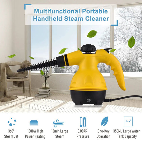 Beast 1000W Handheld Steam Cleaner in living room setting showcasing portable cleaning with high temperature and 10-piece kit.