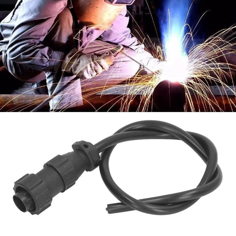 MIG Welding Trigger Connector 4 Pin Plug with Wire for Spool Gun Interface, shown with welder in action, black cable detail