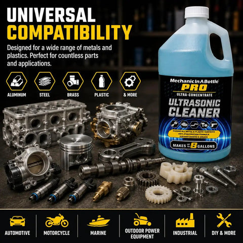 Badass Ultrasonic Cleaner And Degreaser Concentrate Knocks Out Grease Carbon Makes Eight Gallons For Carburetors Fuel Injectors Engine Parts Water Based Formula 128 Oz with assorted metal parts