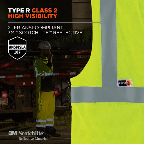 Worksite Ready Class 2 FR Modacrylic Safety Vest Lime Large-X-Large US With ANSI Reflective 3M Scotchlite ATPV 4.6 Cal Per Cm2 FR