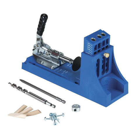Premium Pocket Hole Jig System With Five Piece Screw Kit And Adjustable Face Clamp for precise wood joinery with accessories.