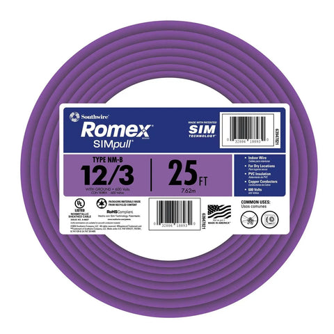 Romex Simpull 12 Gauge 3 Conductor NM-B Solid Copper Indoor Cable With Ground, 25 Ft Coil, purple easy pull jacket