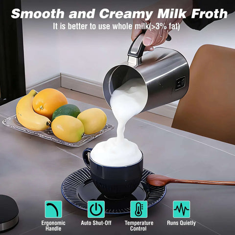 4 In 1 Milk Frother And Steamer For Home Barista-Grade Drinks pouring foam into a cup on a table with fruit