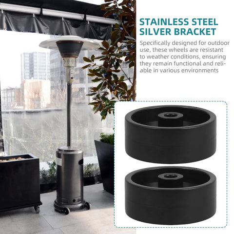 Gas patio heater caster wheels set: four black plastic wheels shown with an outdoor heater