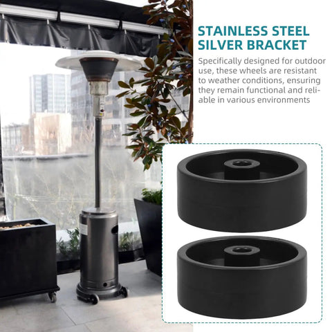 Universal Patio Heater Wheel Kit 4 Pack 97mm Black Casters For Outdoor Gas Heaters And Storage Racks Easy Mobility Replacement Wheels shown with patio heater