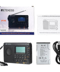 Compact Digital Shortwave Radio With AM FM SW Bands, packaging, manual, battery, and USB cable displayed on white background.