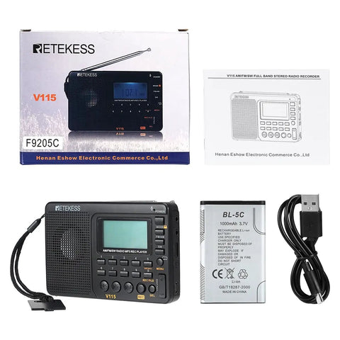 Compact Digital Shortwave Radio With AM FM SW Bands, packaging, manual, battery, and USB cable displayed on white background.