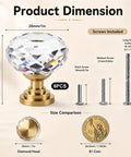 Six Pack Swanky Clear Faceted Glass Cabinet Knobs With Trendy Gold Alloy Base size dimensions showing knobs and screws.
