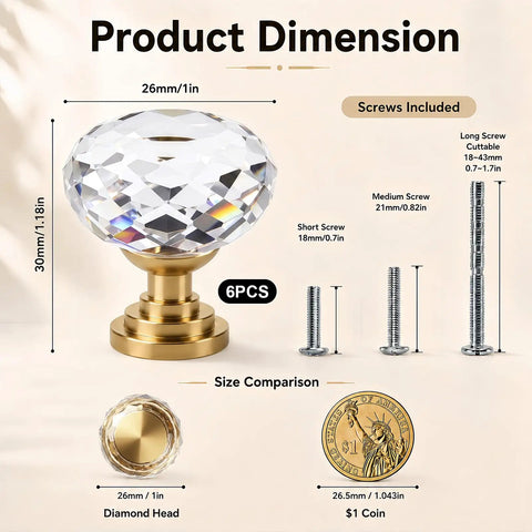 Six Pack Swanky Clear Faceted Glass Cabinet Knobs With Trendy Gold Alloy Base size dimensions showing knobs and screws.