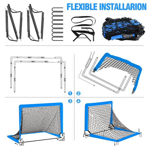 Assembly guide for Two Pop Up Kids Soccer Goals For Backyard Practice Set 6x4 Ft And 4x3 Ft with stakes and net