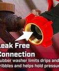 Deluxe One Way Hose Shutoff Connector Fits Standard Garden Hoses With Metal And Plastic Construction No Leak Valves For High Flow Water And Easy On Off For Landscaping And Outdoor Use, red hose connector close-up