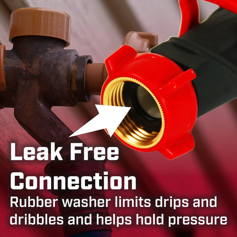 Deluxe One Way Hose Shutoff Connector Fits Standard Garden Hoses With Metal And Plastic Construction No Leak Valves For High Flow Water And Easy On Off For Landscaping And Outdoor Use, red hose connector close-up