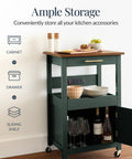 Forest Green Rolling Kitchen Island Cart With Single Door Cabinet, Drawer, Sliding Tray, Built In Electrical Outlet