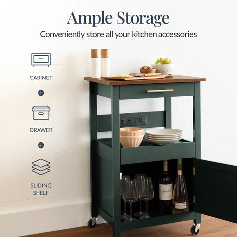 Forest Green Rolling Kitchen Island Cart With Single Door Cabinet, Drawer, Sliding Tray, Built In Electrical Outlet