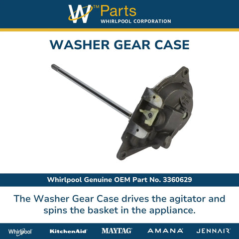Image of Washer Neutral Drain Transmission Replacement 3360629 OEM Part showing the gear case with a long shaft.