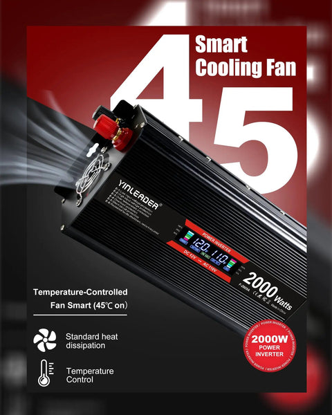 No Sweat Setup Heavy Duty Road Warrior 2000 Watt 12V DC To 110V AC Inverter With Smart LCD Screen and cooling fan.