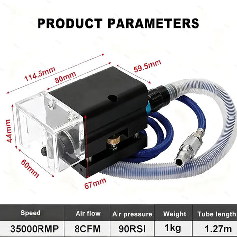 Portable Pro Grade Nick Grinder Kit For Flat Die Cutting Grooves Pneumatic Cutter with tubes and dimensions shown