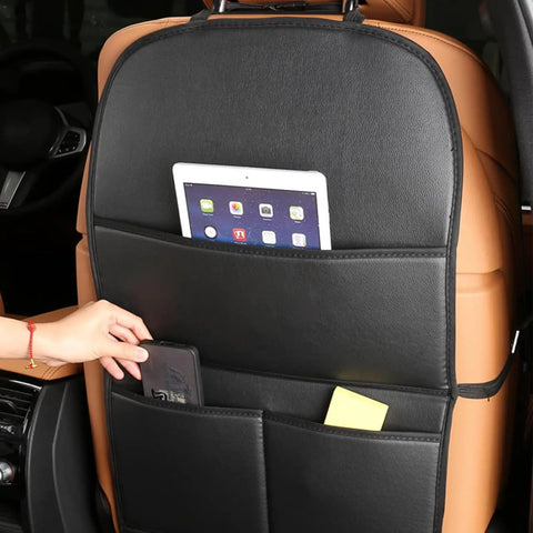 Anti Kick Seat Back Protector For Tesla Cybertruck 2023 And 2024 with storage pockets; faux leather design, tablet holder.