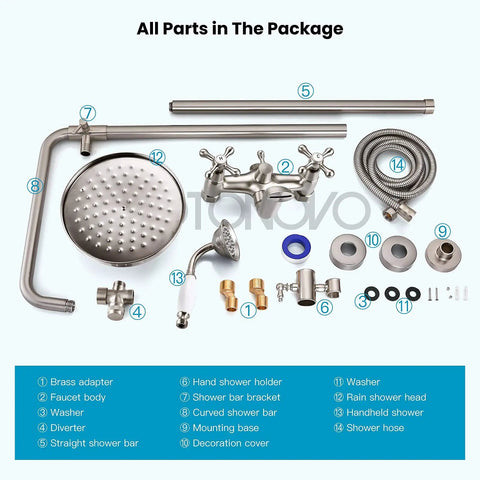 Complete 8 Inch Round Rain Shower Head Kit With Double Cross Handle Diverter Tub Spout Wall Mount Shower Fixtures in Brushed Nickel