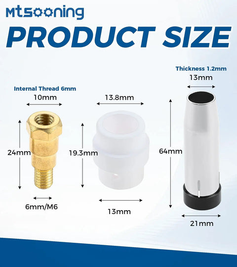 Top 26Pc MIG Welder Accessory Kit For MB 24KD Gun With Snappy Gas Nozzles Ceramic Shunts And Red Copper Contact Tips Ready To Go product size diagram with dimensions.