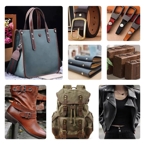150 Set 8Mm Chicago Screws And Leather Rivets Kit built tough shown with leather bags, belts, notebooks, boots, and clothing.