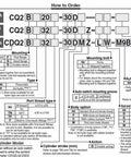 CQ2 pneumatic actuator order guide diagram with specifications and options for Double Acting Pneumatic Compact Actuator With Rubber Bumper Single Rod End Male Thread Aluminum Body CQ2A20 20DCM Built For Precision Automation In Tight Spaces And Heavy Duty Workhorse.