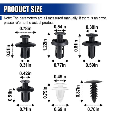 100 Piece Car Bumper Retainer Clips Set Tough Durable Plastic Fasteners size chart for auto body panels
