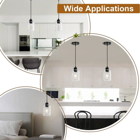 Two Pack Black Hammered Glass Pendant Lights With Adjustable Cords For Kitchen Island in modern kitchen and bedroom settings.