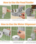 How to use Heavy Duty Gravity Pet Feeder and Automatic Water Dispenser Set; steps for food and water setup on cages.