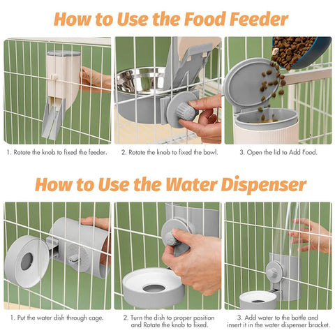 How to use Heavy Duty Gravity Pet Feeder and Automatic Water Dispenser Set; steps for food and water setup on cages.