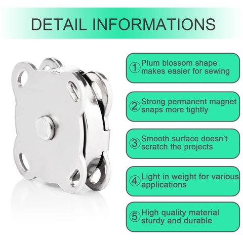 Plum Magnetic Snap Closures For Purses, Bags, And Clothing, 15mm Silver Magnetic Snaps Set with detailed features listed