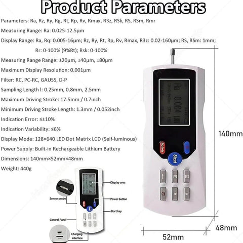 Portable Handheld Roughness Meter With 160 Micron Range Pro Grade Profilometer for surface testing, includes display and controls