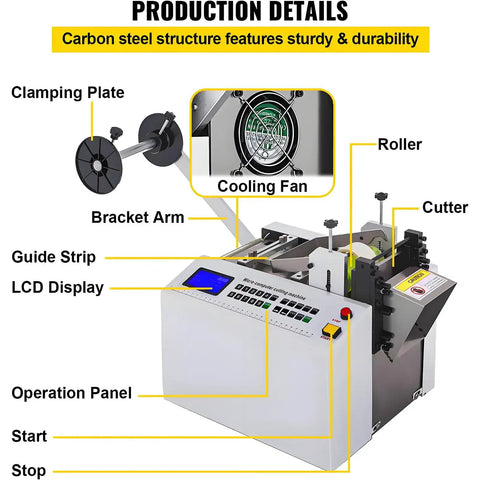 Essential Auto Electric PVC Heat Shrink Tube Cutter LCD display and cooling fan on stainless steel machine for precise cutting.