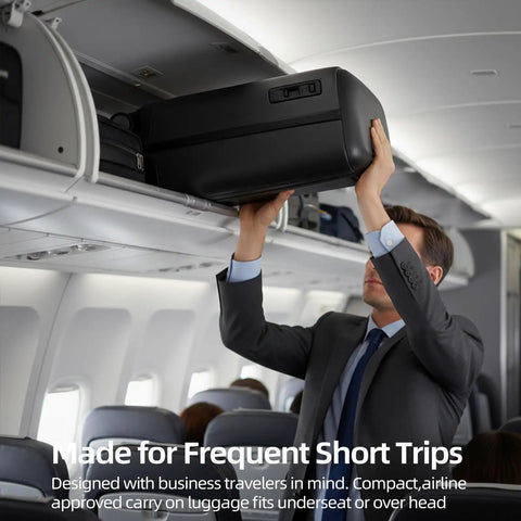 Person placing Hang Safe Carry On Luggage With USB Port And TSA Lock Lightweight Zipperless Hard Shell Spinner Rolling Suitcase in overhead bin