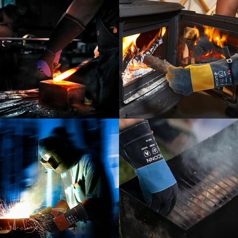 16 Inch Heat Resistant Welding Gloves For Welders, Thick Leather Work Gloves with 1000F Protection used in blacksmithing, forging, and BBQ.