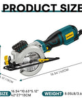 Enventor mini circular saw, side view; teal/black body with laser guide and 4-1/2" blade, includes six blades.