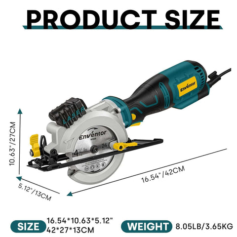 Enventor mini circular saw, side view; teal/black body with laser guide and 4-1/2" blade, includes six blades.